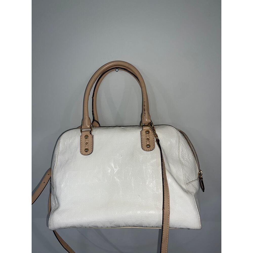 Michael Kors Monogram Cream Satchel Leather Trim Elegant Handbag - Picture 12 of 12